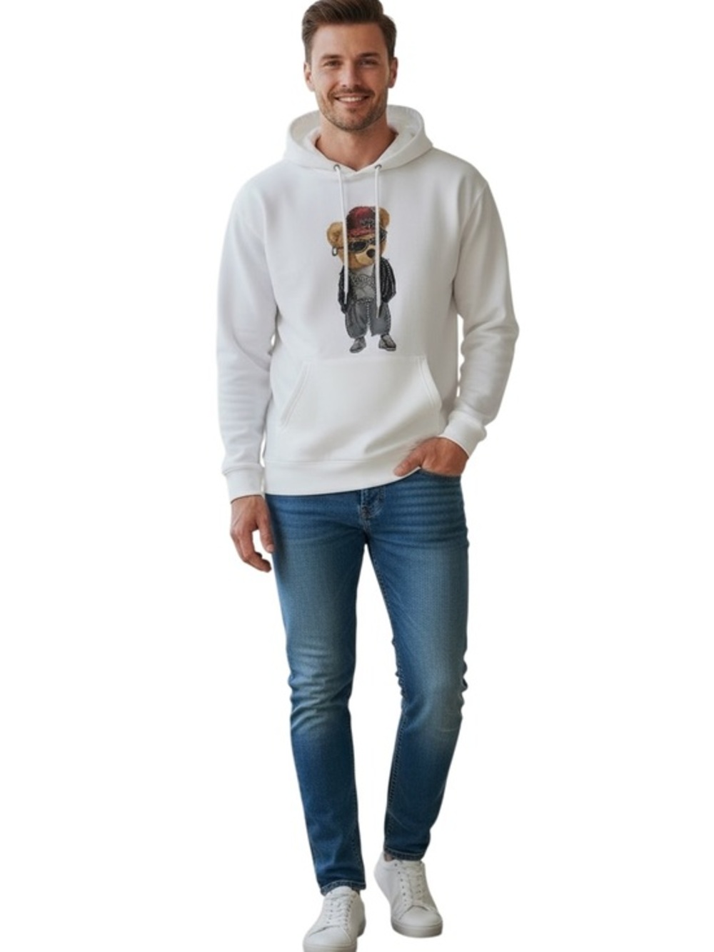 Cyrus Hoodie Mens Size L Ivory Oversized Pullover Bear Graphic Rhinestones